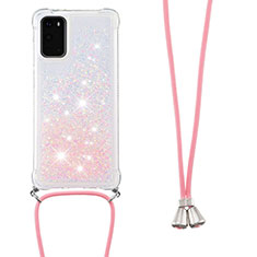 Silicone Candy Rubber TPU Bling-Bling Soft Case Cover with Lanyard Strap S03 for Samsung Galaxy S20 Pink