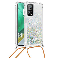 Silicone Candy Rubber TPU Bling-Bling Soft Case Cover with Lanyard Strap S03 for Xiaomi Mi 10T 5G Silver