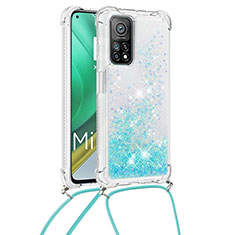 Silicone Candy Rubber TPU Bling-Bling Soft Case Cover with Lanyard Strap S03 for Xiaomi Mi 10T 5G Sky Blue