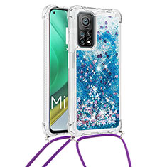 Silicone Candy Rubber TPU Bling-Bling Soft Case Cover with Lanyard Strap S03 for Xiaomi Mi 10T Pro 5G Blue