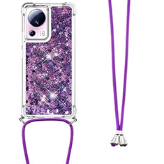 Silicone Candy Rubber TPU Bling-Bling Soft Case Cover with Lanyard Strap S03 for Xiaomi Mi 13 Lite 5G Purple
