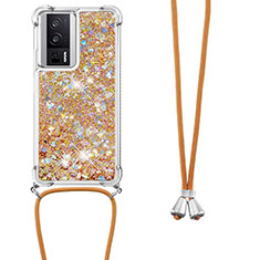 Silicone Candy Rubber TPU Bling-Bling Soft Case Cover with Lanyard Strap S03 for Xiaomi Poco F5 Pro 5G Gold