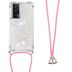 Silicone Candy Rubber TPU Bling-Bling Soft Case Cover with Lanyard Strap S03 for Xiaomi Poco F5 Pro 5G Pink
