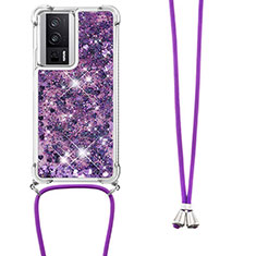 Silicone Candy Rubber TPU Bling-Bling Soft Case Cover with Lanyard Strap S03 for Xiaomi Poco F5 Pro 5G Purple