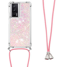 Silicone Candy Rubber TPU Bling-Bling Soft Case Cover with Lanyard Strap S03 for Xiaomi Poco F5 Pro 5G Rose Gold