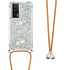 Silicone Candy Rubber TPU Bling-Bling Soft Case Cover with Lanyard Strap S03 for Xiaomi Poco F5 Pro 5G Silver