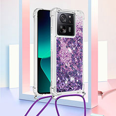 Silicone Candy Rubber TPU Bling-Bling Soft Case Cover with Lanyard Strap YB2 for Xiaomi Mi 13T Pro 5G Purple