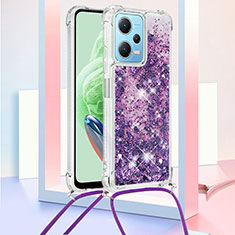 Silicone Candy Rubber TPU Bling-Bling Soft Case Cover with Lanyard Strap YB3 for Xiaomi Redmi Note 12 5G Purple