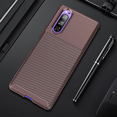 Silicone Candy Rubber TPU Twill Soft Case Cover for Sony Xperia 5 Brown