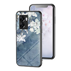 Silicone Frame Flowers Mirror Case Cover for Oppo A56S 5G Blue