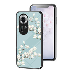 Silicone Frame Flowers Mirror Case Cover for Oppo Reno11 5G Cyan