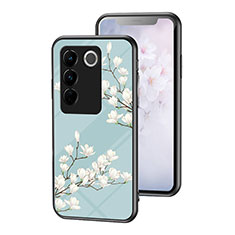 Silicone Frame Flowers Mirror Case Cover for Vivo V27 5G Cyan
