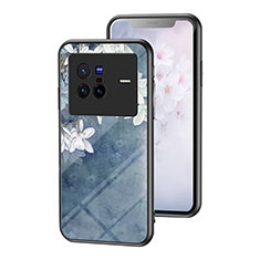Silicone Frame Flowers Mirror Case Cover for Vivo X80 5G Blue
