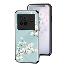 Silicone Frame Flowers Mirror Case Cover for Vivo X80 5G Cyan