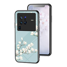 Silicone Frame Flowers Mirror Case Cover for Vivo X80 Pro 5G Cyan