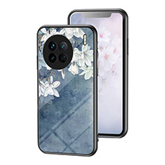 Silicone Frame Flowers Mirror Case Cover for Vivo X90 5G Blue