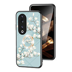Silicone Frame Flowers Mirror Case Cover S01 for Huawei Honor 90 Pro 5G Cyan