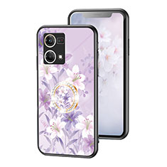 Silicone Frame Flowers Mirror Case Cover S01 for Oppo Reno7 4G Clove Purple