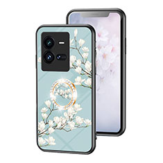 Silicone Frame Flowers Mirror Case Cover S01 for Vivo iQOO 10 Pro 5G Cyan