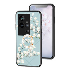 Silicone Frame Flowers Mirror Case Cover S01 for Vivo iQOO 11 5G Cyan