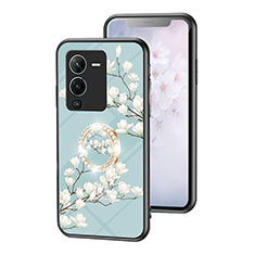 Silicone Frame Flowers Mirror Case Cover S01 for Vivo V25 Pro 5G Cyan