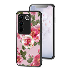Silicone Frame Flowers Mirror Case Cover S01 for Vivo V27 5G Red