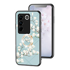 Silicone Frame Flowers Mirror Case Cover S01 for Vivo V27 Pro 5G Cyan