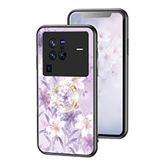 Silicone Frame Flowers Mirror Case Cover S01 for Vivo X80 Pro 5G Clove Purple
