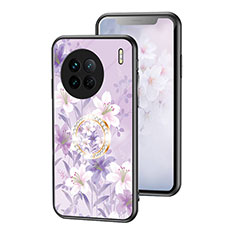 Silicone Frame Flowers Mirror Case Cover S01 for Vivo X90 5G Clove Purple