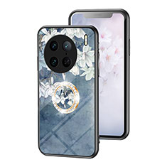 Silicone Frame Flowers Mirror Case Cover S01 for Vivo X90 Pro 5G Blue