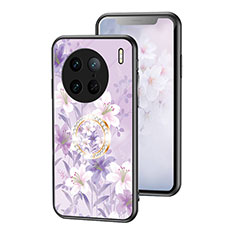 Silicone Frame Flowers Mirror Case Cover S01 for Vivo X90 Pro 5G Clove Purple