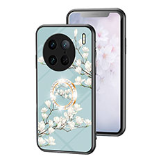 Silicone Frame Flowers Mirror Case Cover S01 for Vivo X90 Pro 5G Cyan