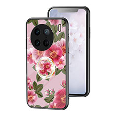 Silicone Frame Flowers Mirror Case Cover S01 for Vivo X90 Pro 5G Red