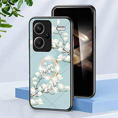 Silicone Frame Flowers Mirror Case Cover S01 for Xiaomi Redmi Note 13 Pro+ Plus 5G Cyan