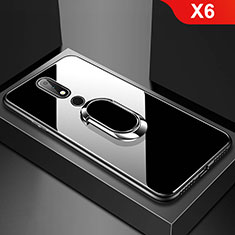 Silicone Frame Mirror Case Cover with Finger Ring Stand for Nokia X6 Black