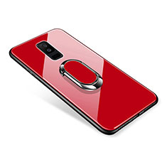 Silicone Frame Mirror Case Cover with Finger Ring Stand for Samsung Galaxy A6 Plus (2018) Red