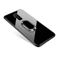 Silicone Frame Mirror Case Cover with Finger Ring Stand for Samsung Galaxy A6 Plus Black