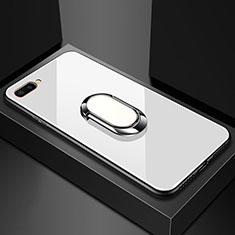 Silicone Frame Mirror Case Cover with Magnetic Finger Ring Stand A01 for Oppo A12e White
