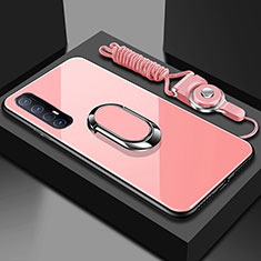 Silicone Frame Mirror Case Cover with Magnetic Finger Ring Stand A02 for Oppo Reno3 Pro Pink