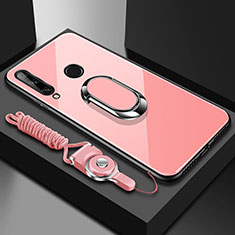 Silicone Frame Mirror Case Cover with Magnetic Finger Ring Stand for Huawei Enjoy 10 Plus Pink