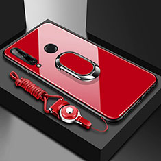 Silicone Frame Mirror Case Cover with Magnetic Finger Ring Stand for Huawei Enjoy 10 Plus Red