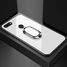 Silicone Frame Mirror Case Cover with Magnetic Finger Ring Stand for Huawei Enjoy 8e White