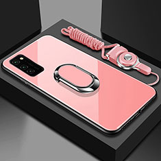 Silicone Frame Mirror Case Cover with Magnetic Finger Ring Stand for Huawei Honor V30 Pro 5G Rose Gold