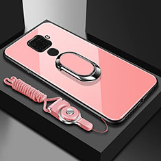 Silicone Frame Mirror Case Cover with Magnetic Finger Ring Stand for Huawei Nova 5z Pink
