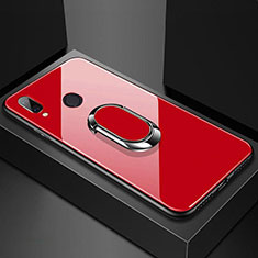 Silicone Frame Mirror Case Cover with Magnetic Finger Ring Stand for Huawei P20 Lite Red