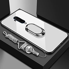 Silicone Frame Mirror Case Cover with Magnetic Finger Ring Stand for OnePlus 7T Pro 5G White