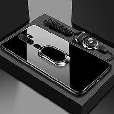 Silicone Frame Mirror Case Cover with Magnetic Finger Ring Stand for Oppo A11 Black