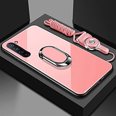 Silicone Frame Mirror Case Cover with Magnetic Finger Ring Stand for Oppo F15 Pink