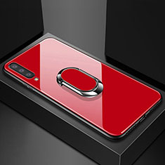 Silicone Frame Mirror Case Cover with Magnetic Finger Ring Stand for Samsung Galaxy A70 Red