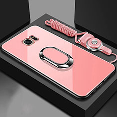 Silicone Frame Mirror Case Cover with Magnetic Finger Ring Stand for Samsung Galaxy S7 Edge G935F Rose Gold